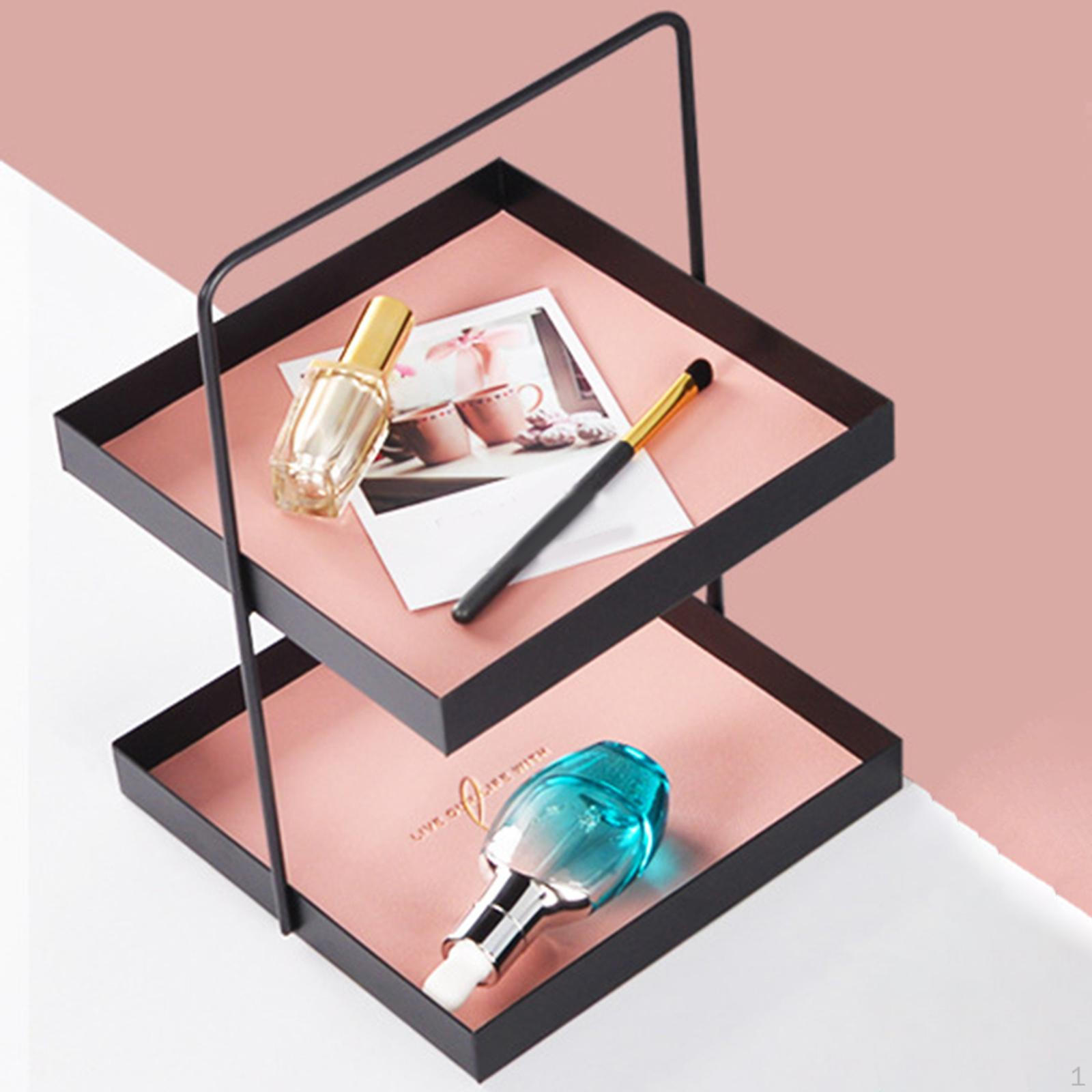 2 Tier Metal Square Decorative Tray, Cosmetic Makeup Srage Bathroom Organizer Tray Holder for Large