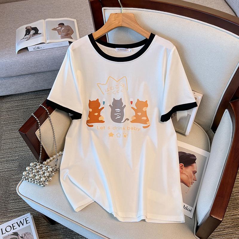 Women's Plus Size Loose-Fit Short-Sleeve Mid-Length T-Shirt, Round Neck, Sizes 200/300/350 Jin