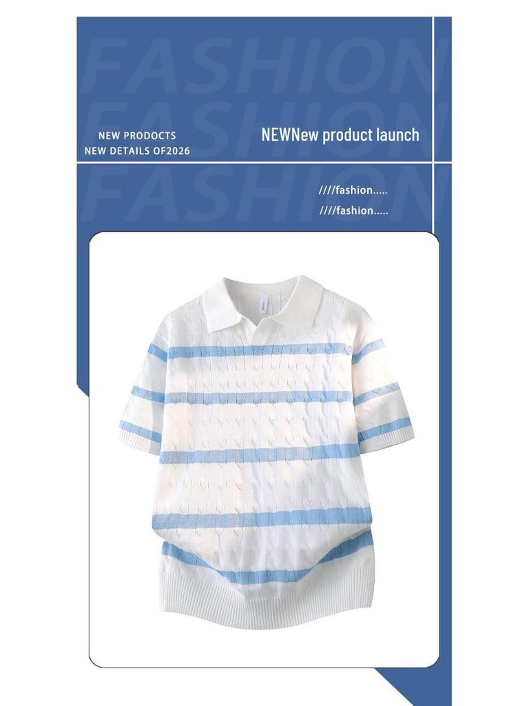 2026 Japanese Style White Striped Lapel Polo Knit T-Shirt for Men - Summer Short Sleeve