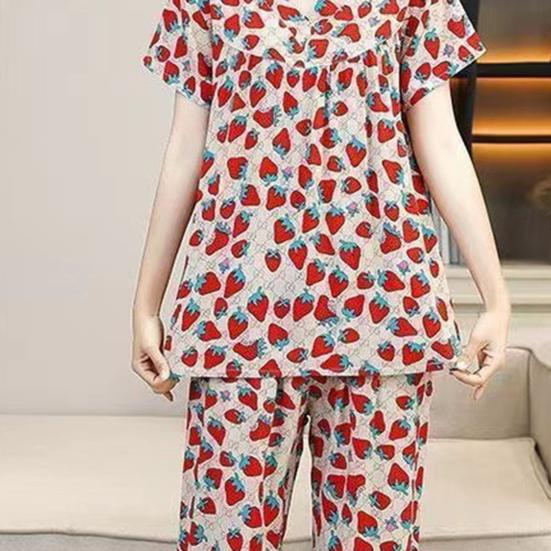 Women's Cotton Pajamas Set Short Sleeve Top Long Pants Casual Two-Piece Sleepwear Set Summer Plus Size Thin Loungewear for Elderly Mom