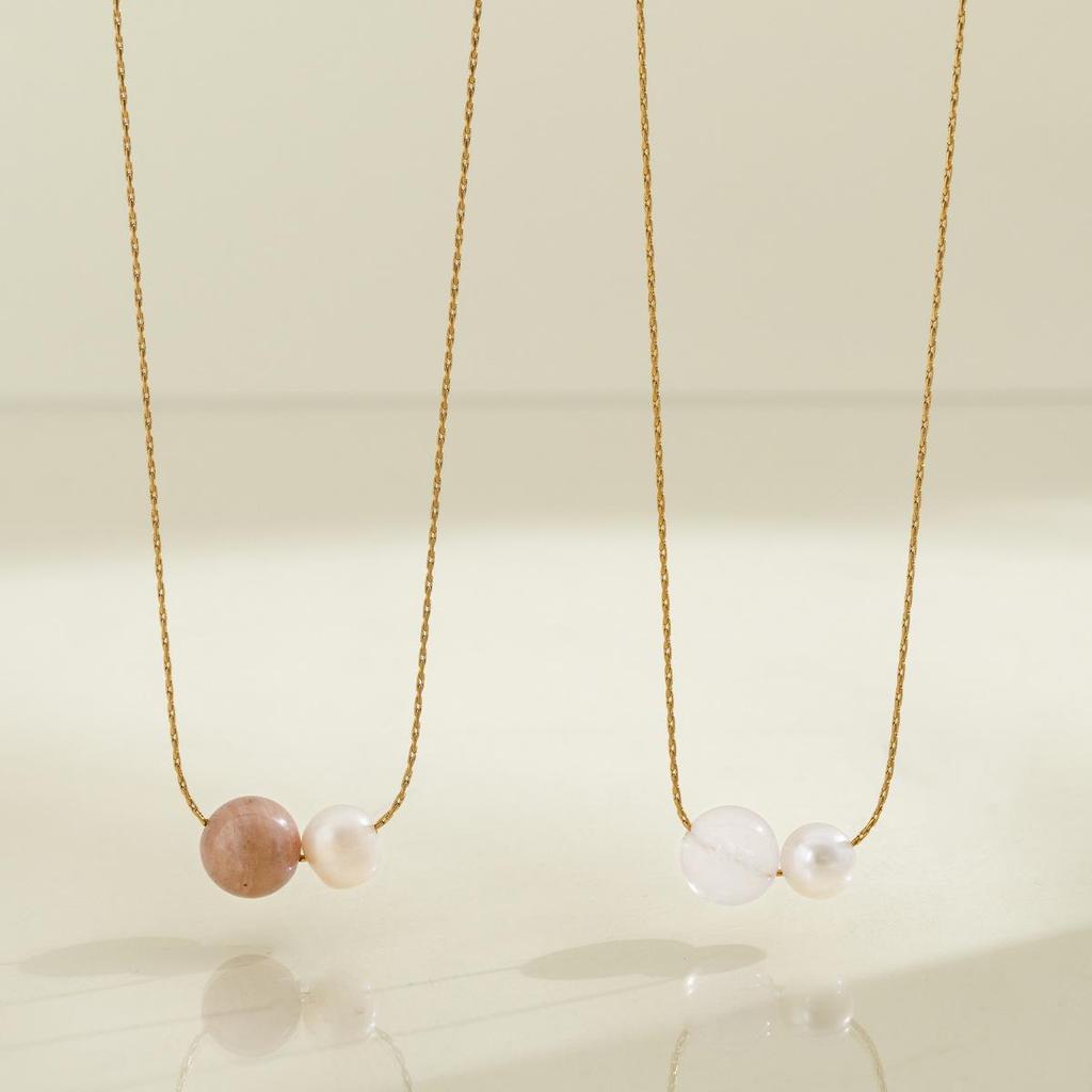 French Natural Stone & Freshwater Pearl Necklace - 18K Gold Plated Stainless Steel Clavicle Chain, Simple & Elegant for Daily Wear