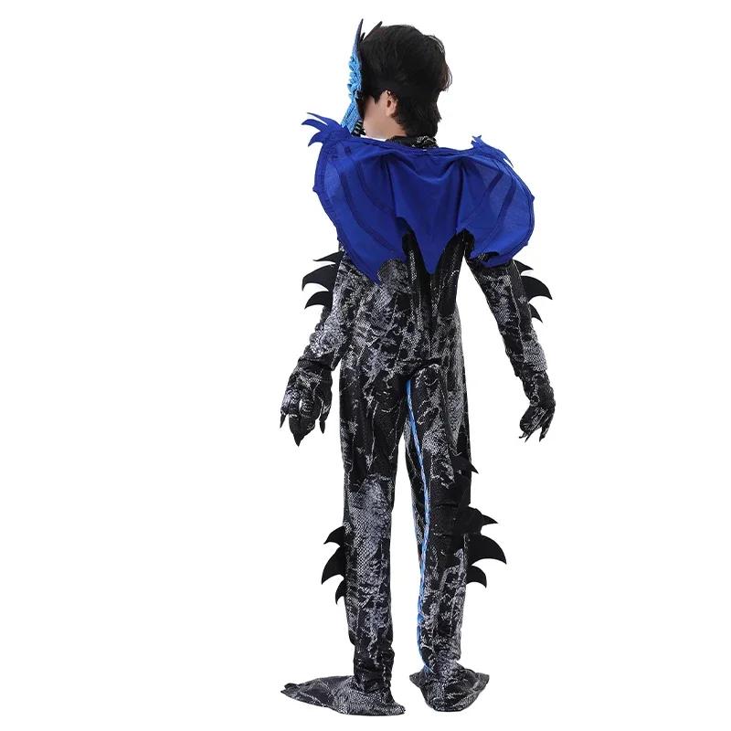 Kids Dragon Fire Halloween Jumpsuit Costume Set Green Red Black Blue for Boys with Wings Tail Mask Cosplay Dress Up Outfit