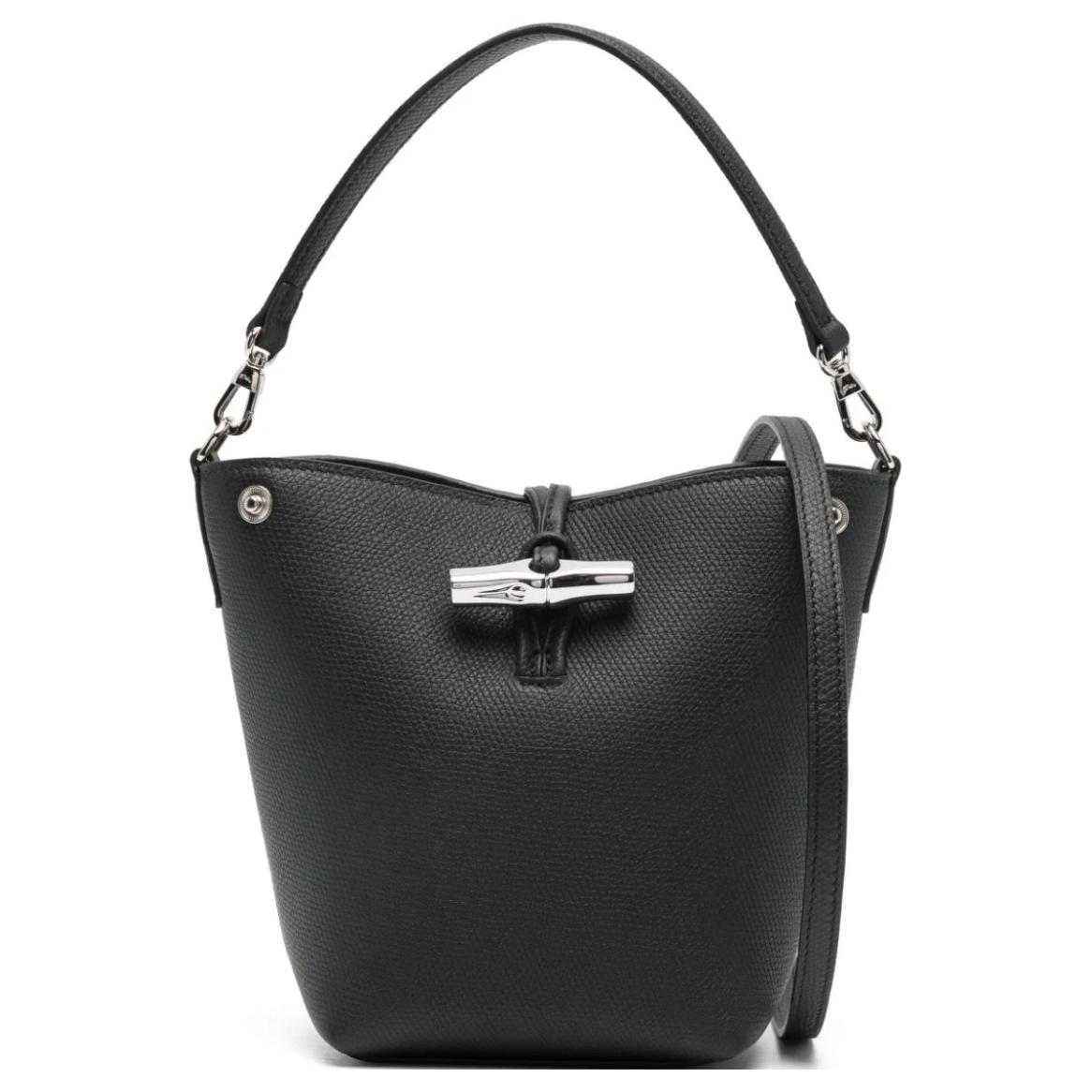 

Longchamp Le Roseau Metal Bamboo Buckle Design Leather Bucket Bag Mini Women handbags Black 10279HFP001 Basic Set (Bag+Dust Bag)
