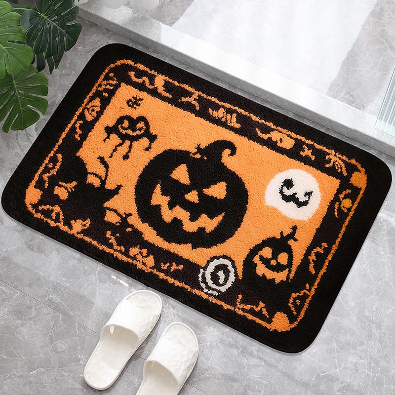 Monster Face Pumpkin Pattern Bathroom Floor Mat, Bathtub Absorbent Foot Mat, Shower Room Small Carpet, Bathroom Door Mat