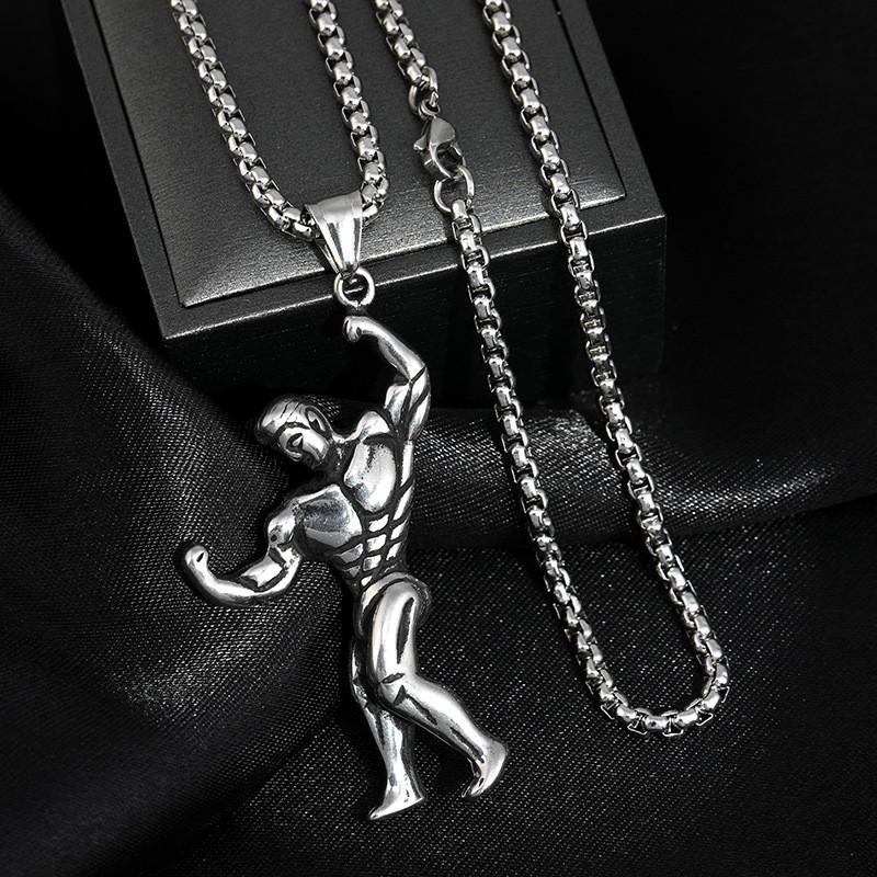 Stylish Silver Muscle Man Pendant Necklace For Men In Trendy Korean Design Fashion
