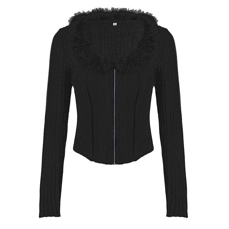 European and American Casual Fur Collar Zipper Knit Cardigan Sweater for Women