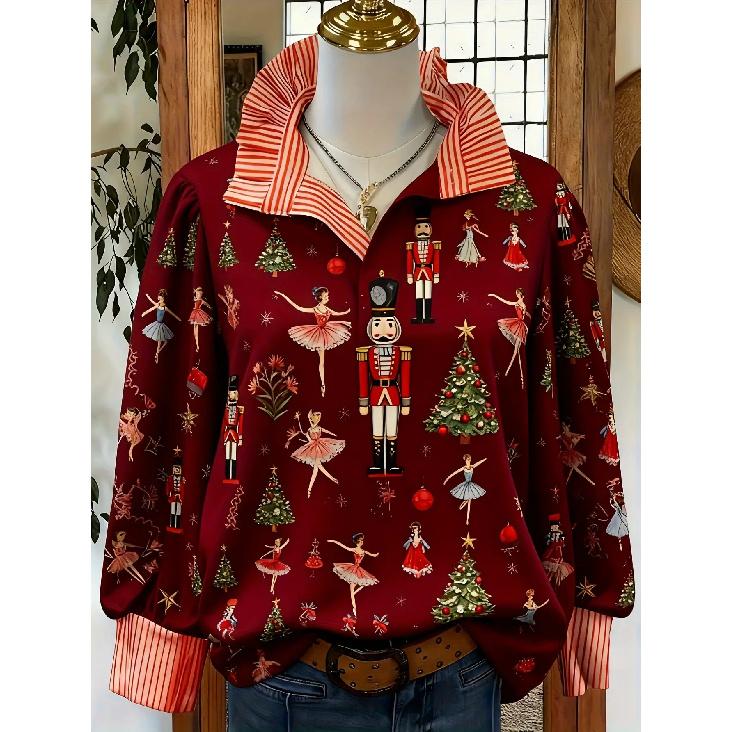Women's Retro Christmas Pattern Blouse - Turn-Down Collar Long Sleeve, Loose Casual Silhouette, Festive Gift Tree Print Top Suitable for Fall/Winter