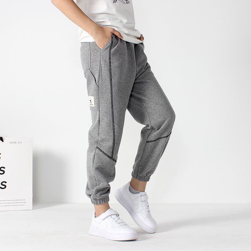 

Весенние корейские брюки для мальчиков: Спортивные штаны Stitching Terry для детей 160cm серый