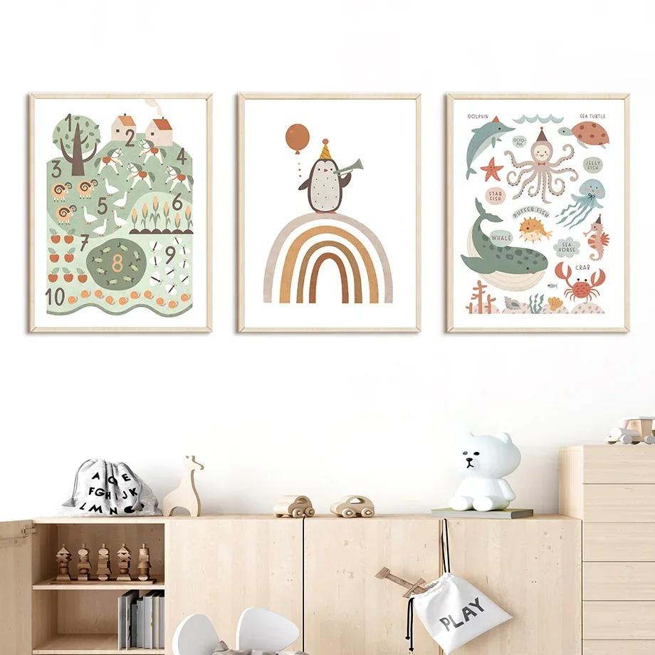 Desen animat cu alfabet Educate Poster pepinieră Mașină Animale Nordic Verde Wall Art Print Canvas Pictură Imagine Copii Baby Room Decor