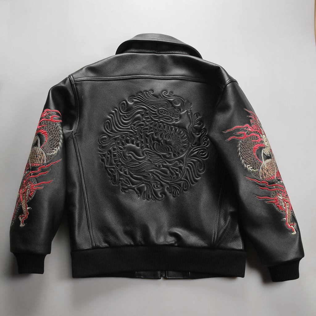 10,000 needles embroidered Chinese dragon leather flight suit men's lapel plus size yellow cowhide baseball suit
