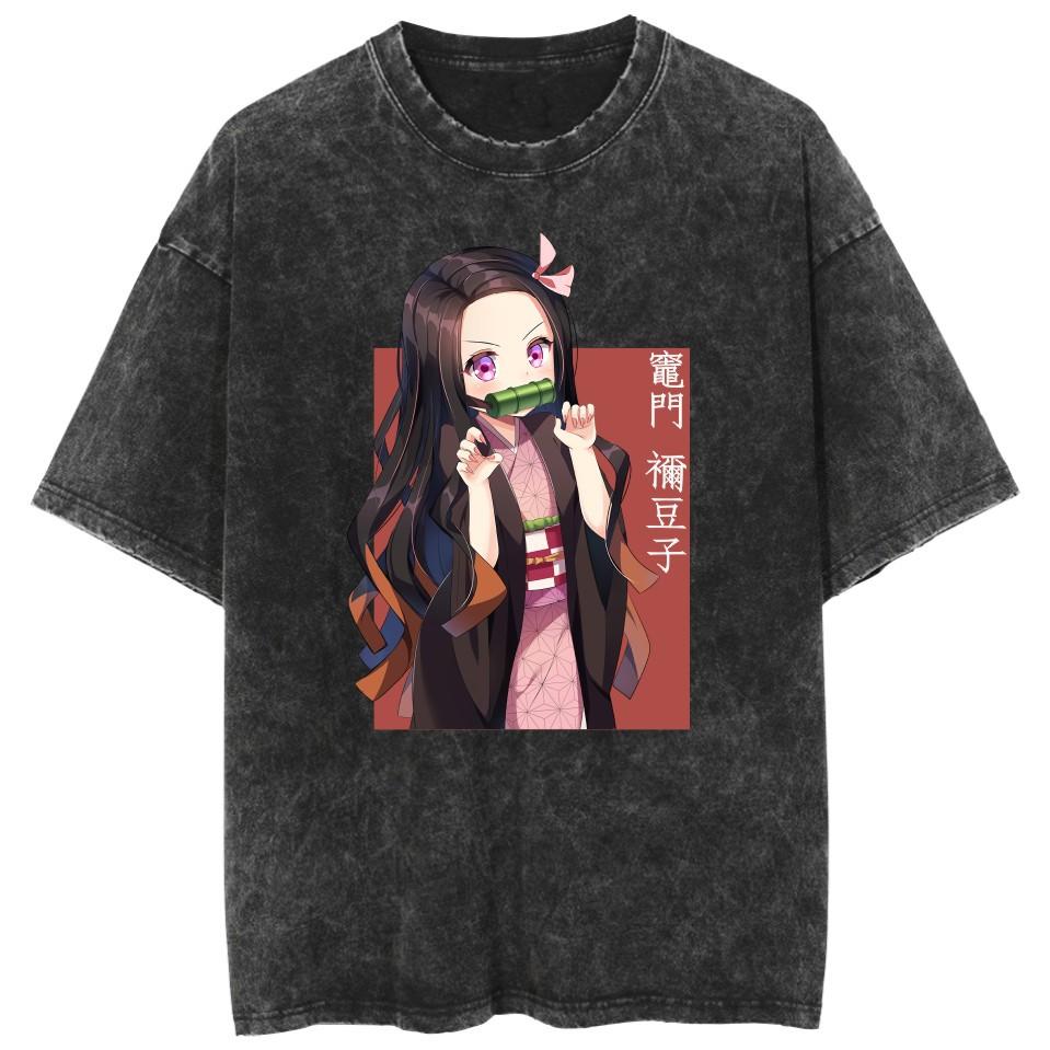 Anime Demon Slayer Kamado Nezuko Kawaii Printed T-shirt Men Women Casual Tshirts Washed Cotton Tee Harajuku Male Manga T Shirt