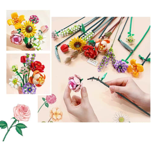Creative Flower Bouquet Building Blocks Set, 547/568/456 Personal Artificial Flower Building Toys DIY Plant Structure Set (No Vase), Compatible with L