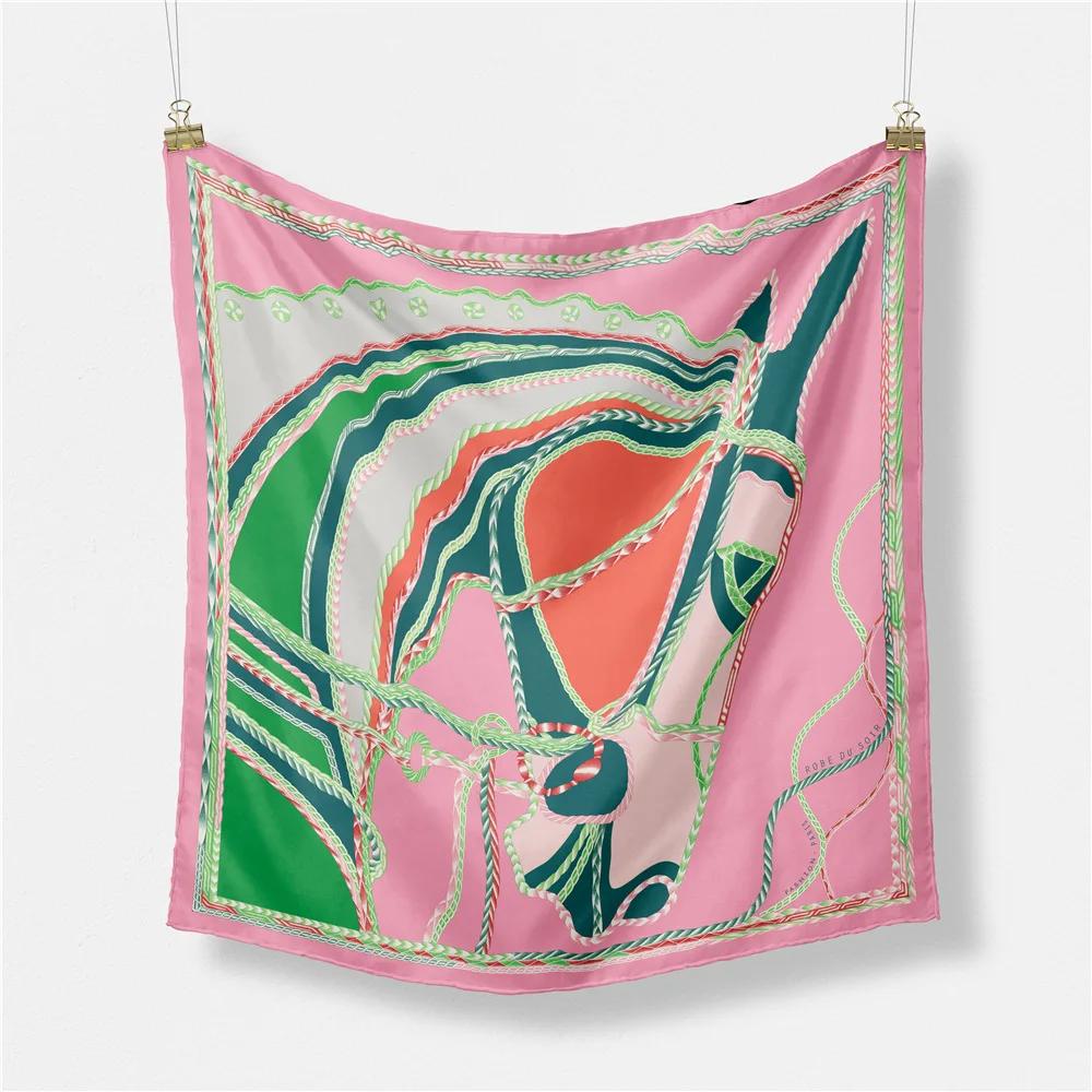 53cm Fashion Horse Square Scarf Women  Design Luxury Silk Scarf Bandana Headband Brand Hijab Neckerchief For Ladies