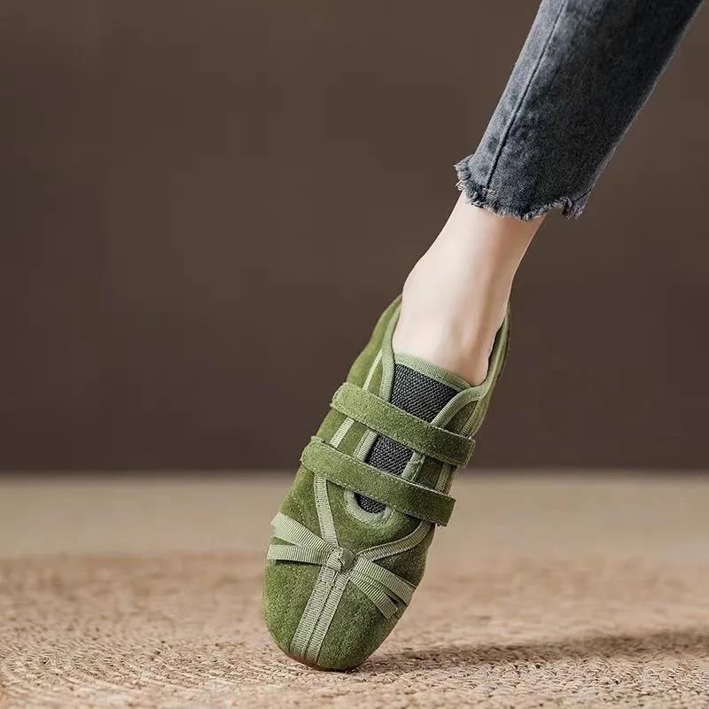 Women's Flat Casual Shoes Bow Tie Square Toe Velcro Shoes Women Leisure Flannel Spring Autumn Fashion Suede Zapatillas De Mujer