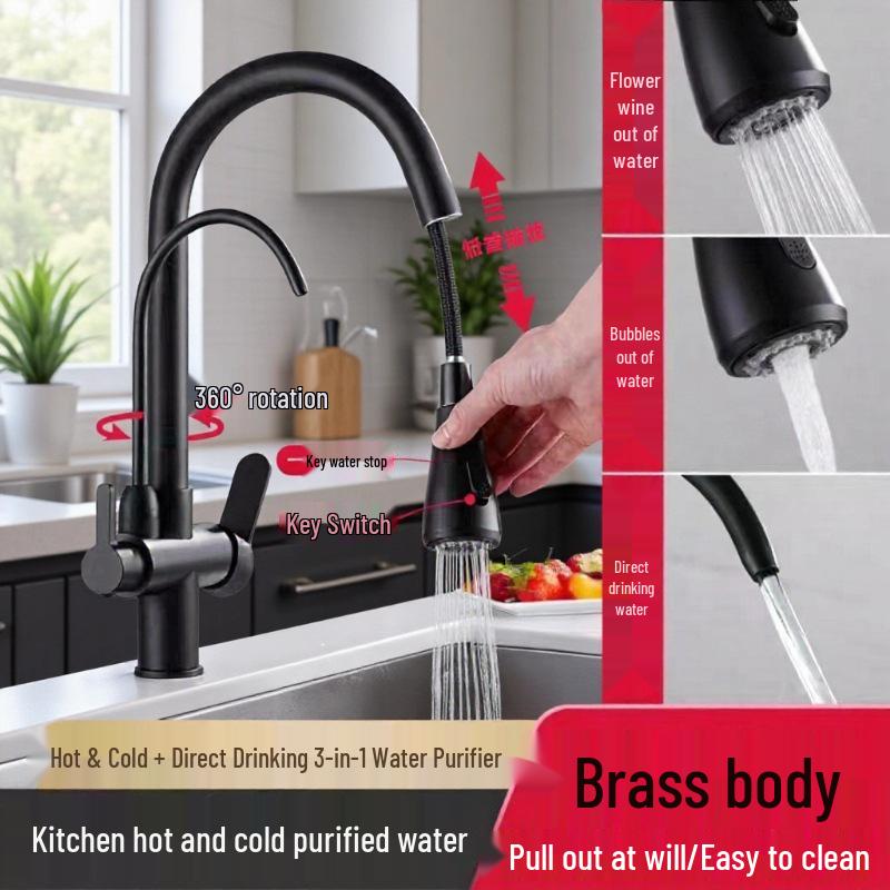 All-Copper 3-in-1 Pull-Out Kitchen Faucet with Hot, Cold, and Pure Water Options
