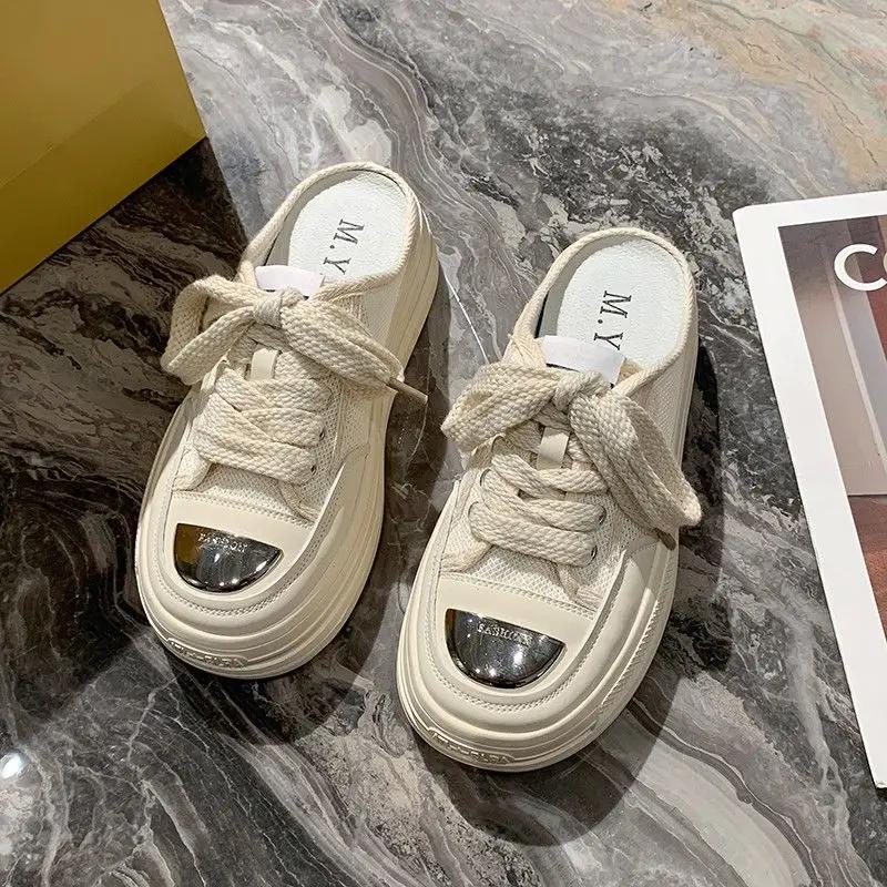 Fashion Outside Black Canvas Round Toe Slides Thick Shoes Women's Slippers and Ladies Sandals Height White Top Designs Small Size Unique