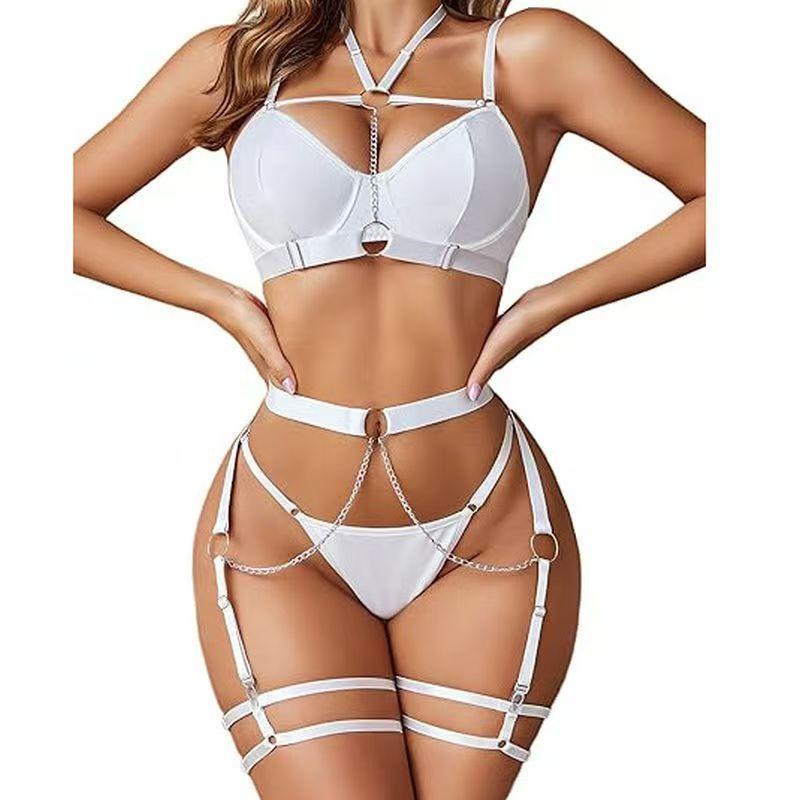 Fun Underwear Fashion Classic Women's Clothing with Steel Rings Gathered Around the Neck Bright Bra Multi-piece Set Home Sexy