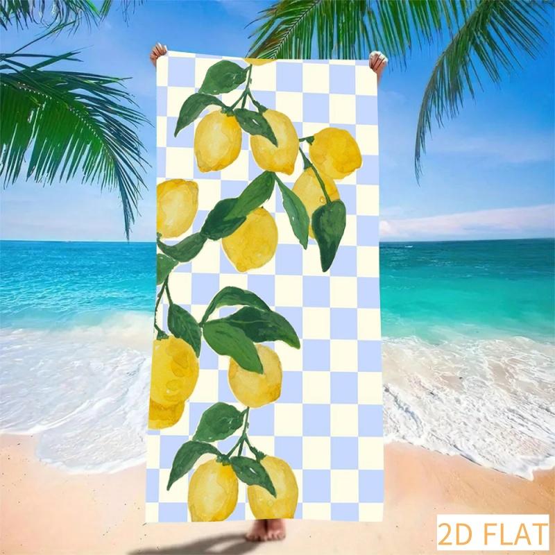 Fresh Lemon Checkered Beach Towel Super Absorbent Quick Dry Microfiber With Blue White Pattern Soft Sand Free Blanket For Picnic