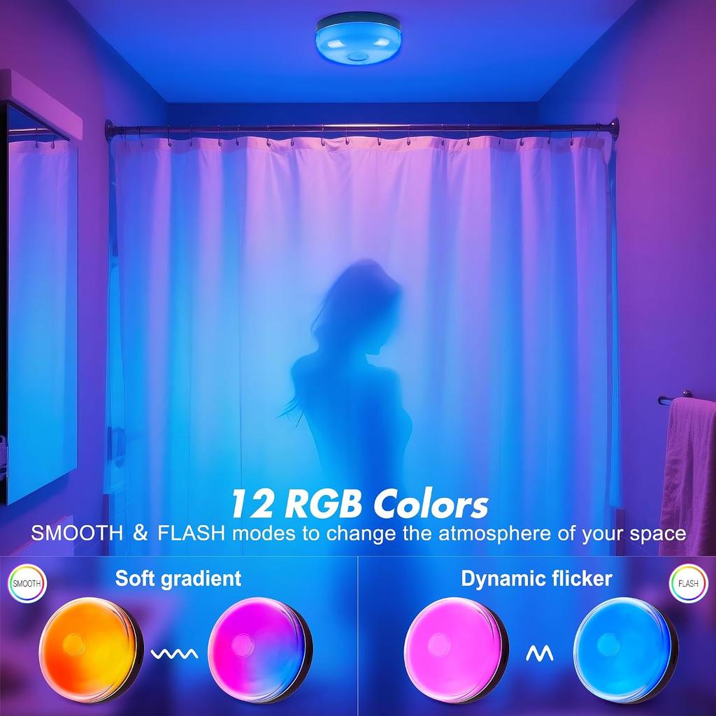 2-Pack Waterproof Shower Lights for Inside Shower, Rechargeable Shower Lamp | 15 RGBW Color Mood Lighting with Remote Dimmable&Timer, LED Wireless