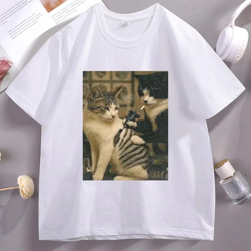 Tattoo Cat Print T Shirt For Unisex Unisex Summer Casual Fashion Funny Humor Streetwear Tops Vintage Crew Neck Short Sleeve Tees
