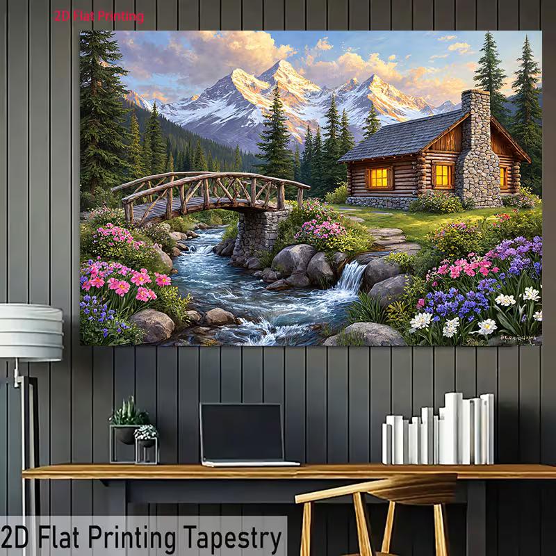 2D Serene Mountain Valley Cabin Backdrop for Scenic Party Decoration