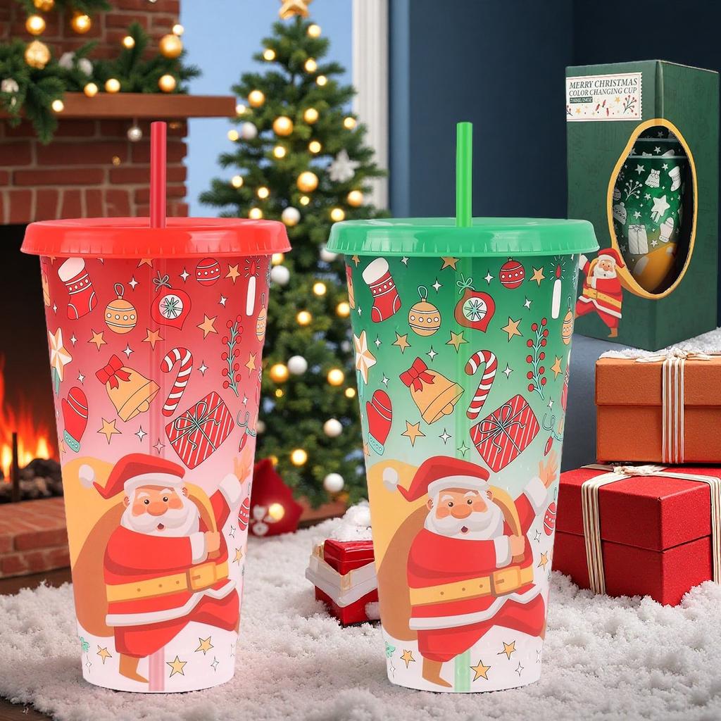 Christmas Color Changing Mugs Large Capacity Cold Feeling Cups with Straw Two Piece Father Christmas Coffee Tea Holiday Gift