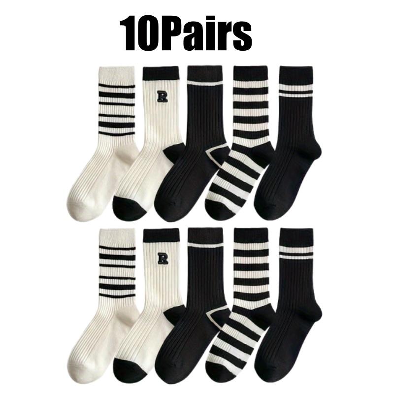 

Crew Slouch Socks for Women Black White Stripe Embroidery Breathable Double Needle Cotton Spring Summer Autumn Casual Socks