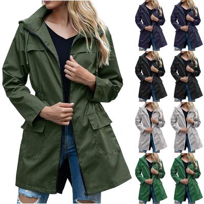 Women Solid Stripe Rain Jacket Outdoor Plus Waterproof Hooded Raincoat Windproof