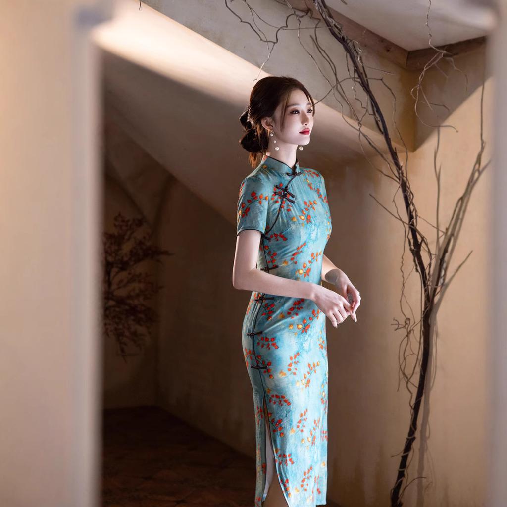 Green retro style short-sleeved silk and hemp cheongsam 1011 spring new improved new Chinese style daily wear nun