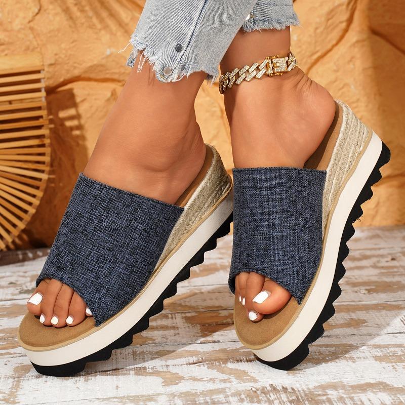 Women's Large Size Summer Canvas Wedge Thick Sole Denim Slide Sandals.