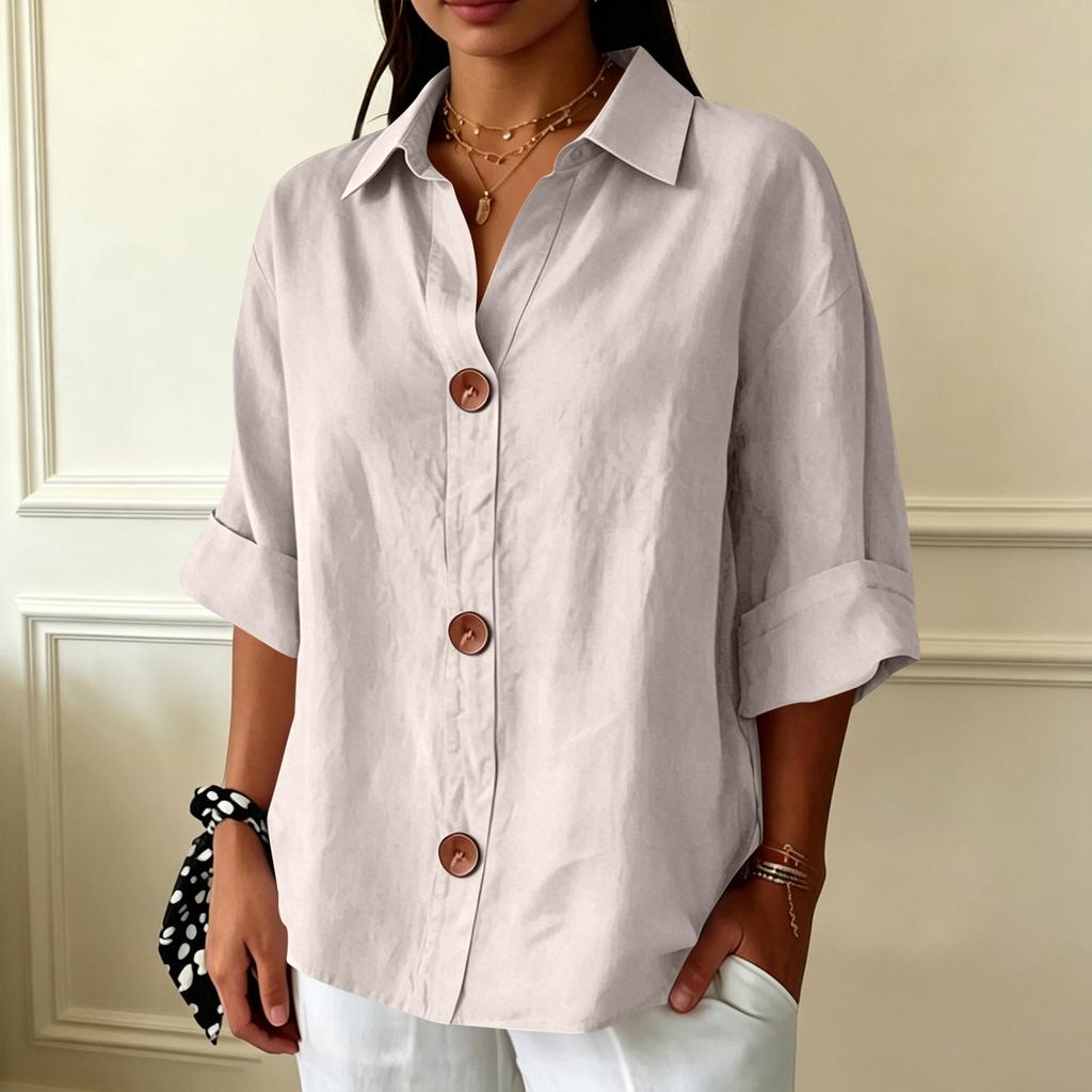 Women's Casual Loose Fit Button Down Shirt Three Quarter Sleeve Collared Blouse Lightweight Soft Fabric Relaxed Style