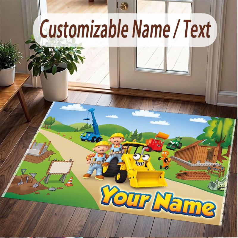 Custom Name Text Crystal Velvet Rug,Bob the Builder Soft Plush Decorative Non Slip Floor Carpet