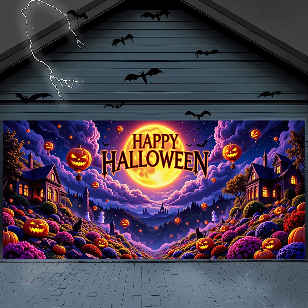 Halloween Magic Manor Garage banner, glossy polyester material, Happy Halloween , black cat, bat, pumpkin lantern design 100x150cm