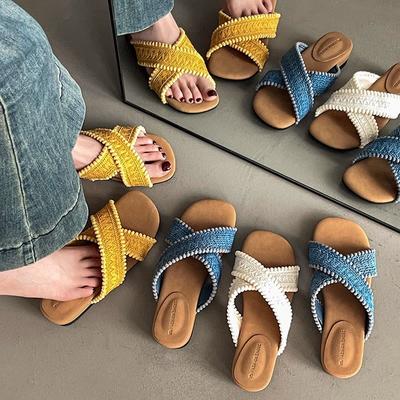 Retro Keilabsatz Hausschuhe Damen Sommerbekleidung tragbar gekreuztes Band koreanische Version vielseitig flacher Boden ein Pedal Hausschuhe Tide