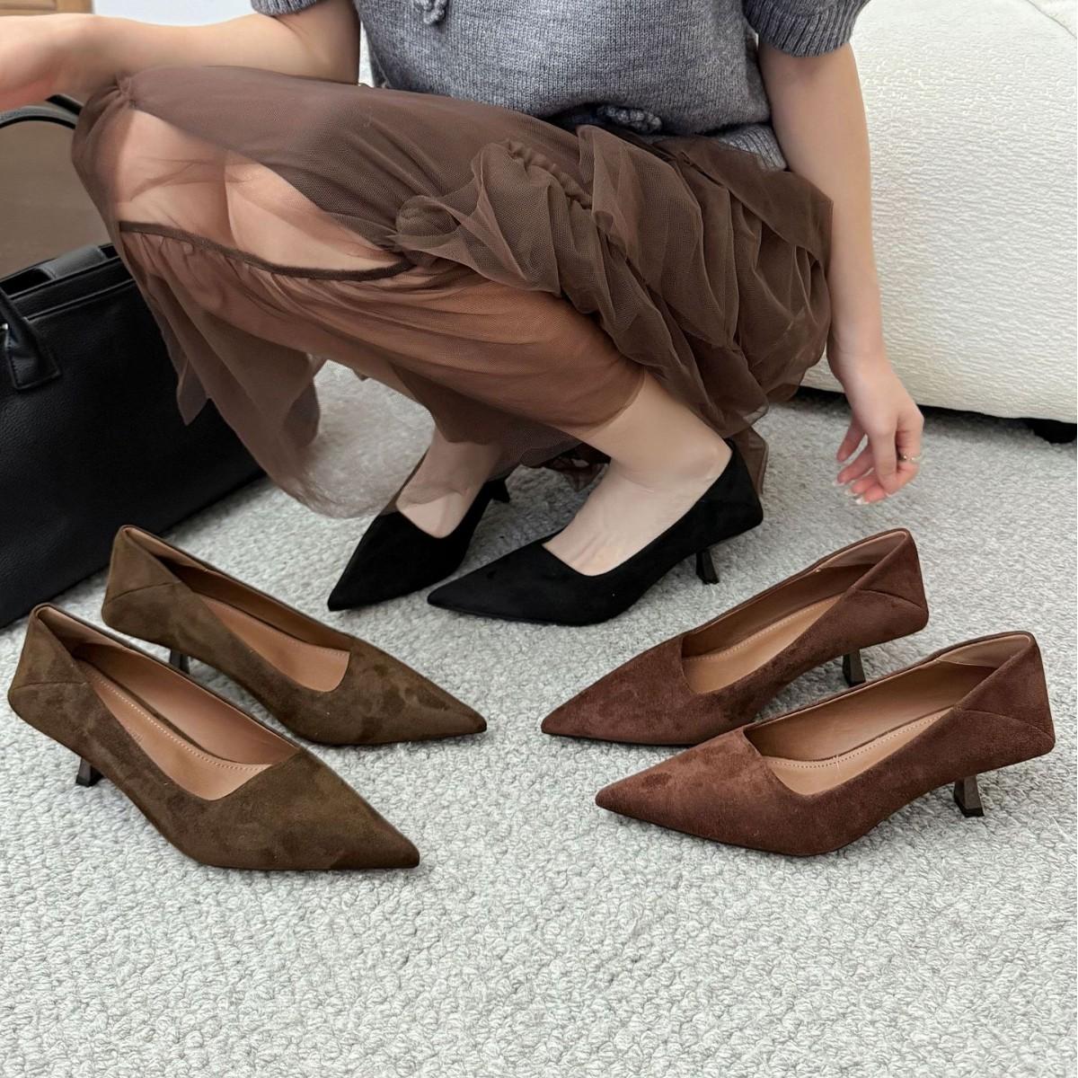 

2025 new thin high-heeled light-mouth foot suede versatile commuter work women s shoes 39 темно-зеленого