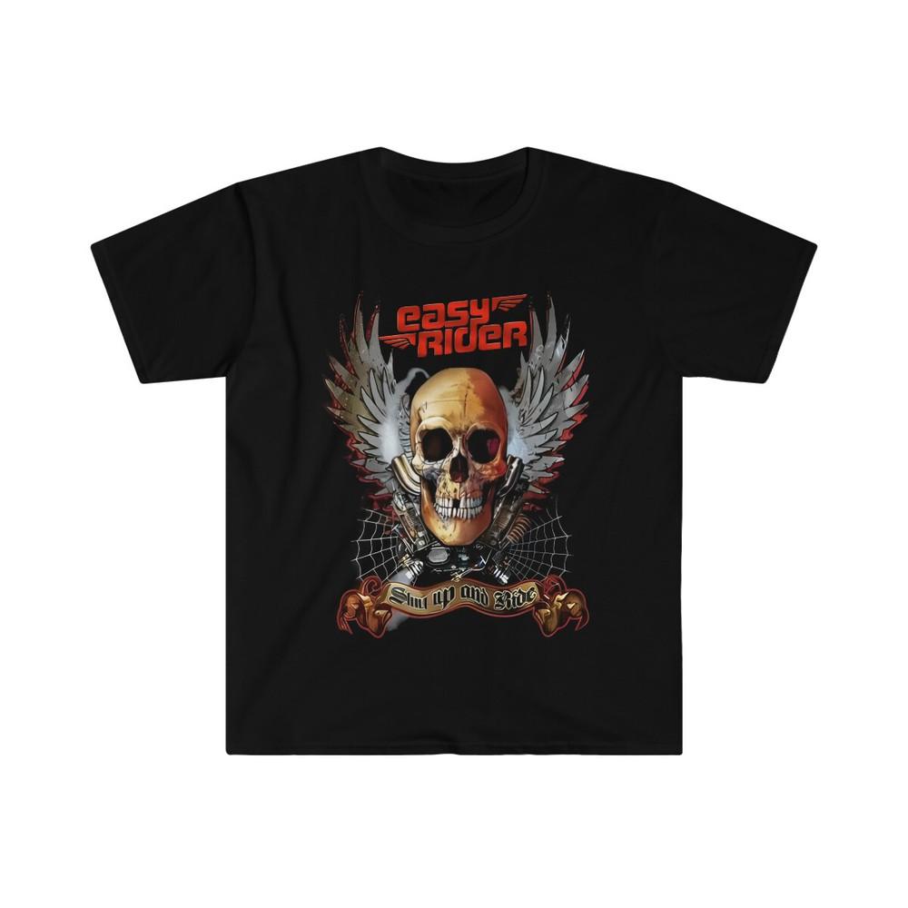 Unisex Soft Cotton Biker T-Shirt. Easy Rider. Skull With Wings