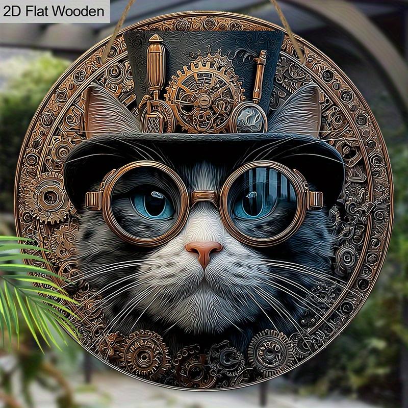 Retro Wooden Sign with Cool Cat Pattern - Unique Wall Pediments - Ideal for Front Door, Yard, Wall Decor