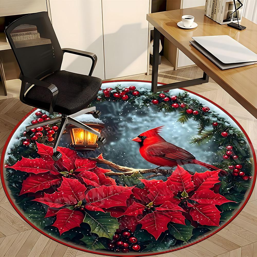 1pc Christmas Cardinal Poinsettia Chair Carpet for Office, Round Non Slip Durable Large Size Office Carpet, Suitable for Office