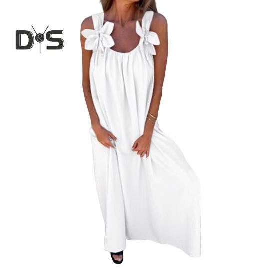 Damenkleid mit 3D-Rosendekor, Schultergurt, ärmellos, plissiertes Unterkleid, lockeres, einfarbiges, rückenfreies Maxikleid für Strandpartys und Verabredungen