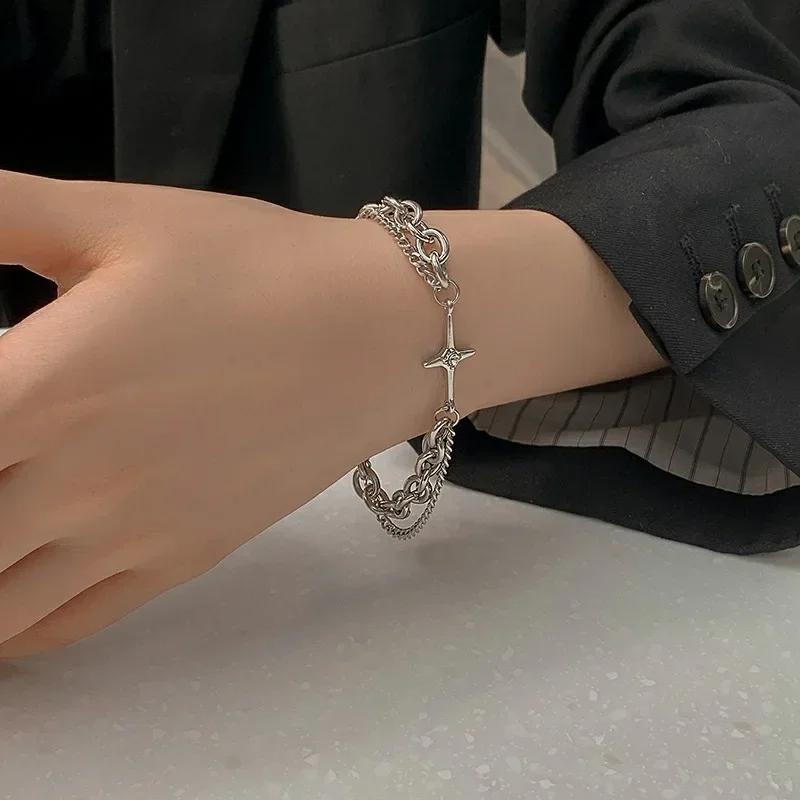 

Trendy Personality Sliver Color Stainless Steel Star Cross Thick Chain Bracelets Necklace Set for Women Men Punk Hip Hop Jewelry