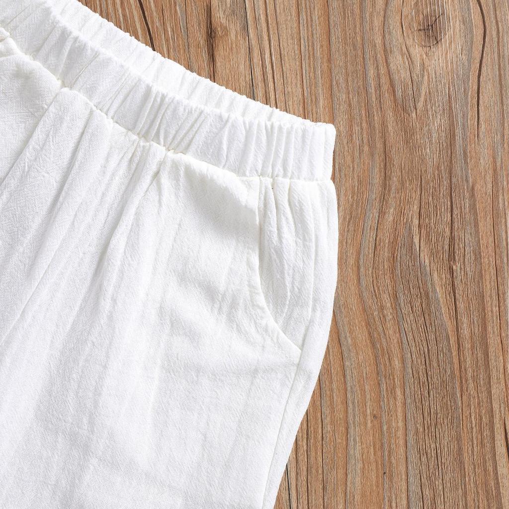 Summer Casual Cotton Linen Polo & Shorts Set for Boys – Solid Color with Turn-Down Collar