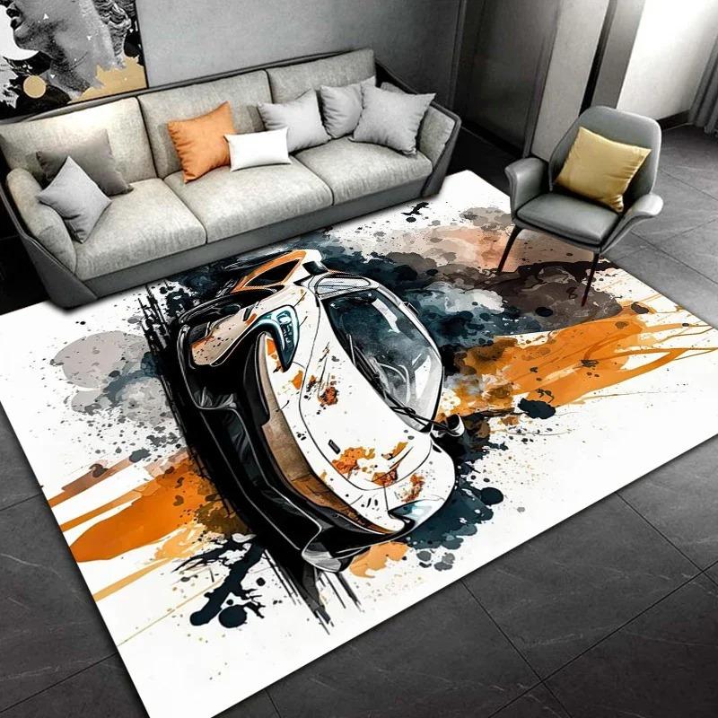 Large Size Car Themed Rug, Sports Car and Artistic Pattern Living Room Mat, Home Decor Carpet, Diverse Scene Floor Cover