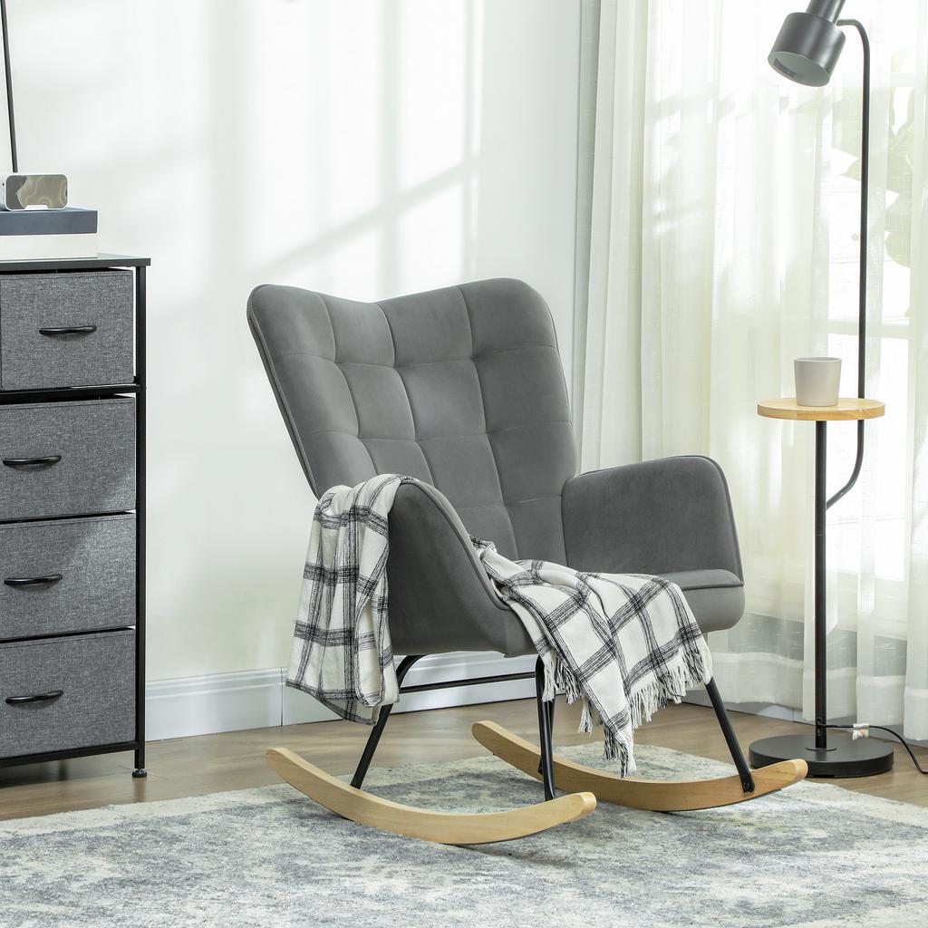 Vintage Rocking Chair, Curved Rockers, Thick Padding, Beechwood & Steel, Dark Grey