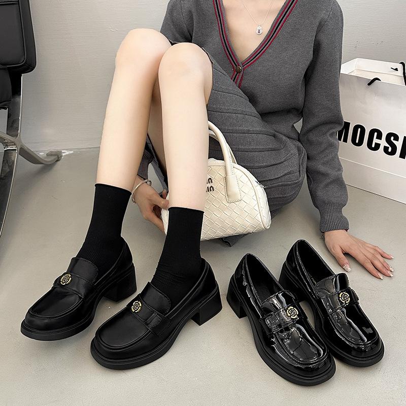 Black British High Heels Women's 2025 Autumn New Platform Heightening Small Leather Shoes One Pedal French Loafers