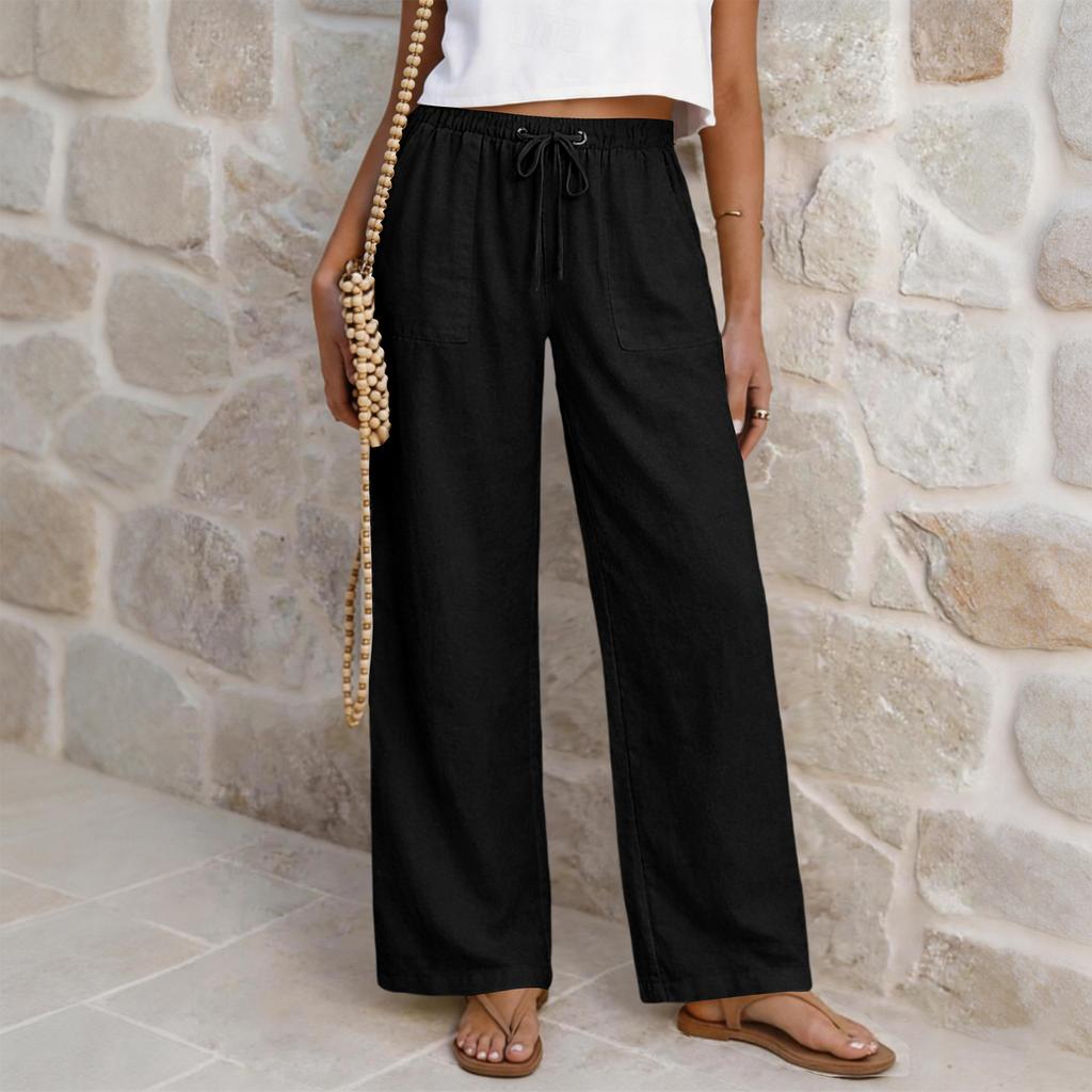 Women’s Casual High Waist Drawstring Straight Leg Wide Leg Pants Relaxed Fit Trousers with Pockets for Daily Wear
