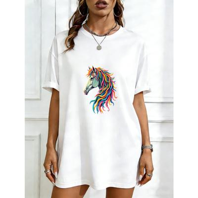 Übergroßes T-Shirt Schwarz Regenbogen Pferde-Print Freizeitkleidung für Damen Mode Statement-Piece Streetstyle Outfit Sommer-Top Grafik-Tee