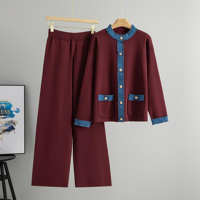 Women's Autumn Winter Knitted Denim Sweater & Wide Leg Pants Set