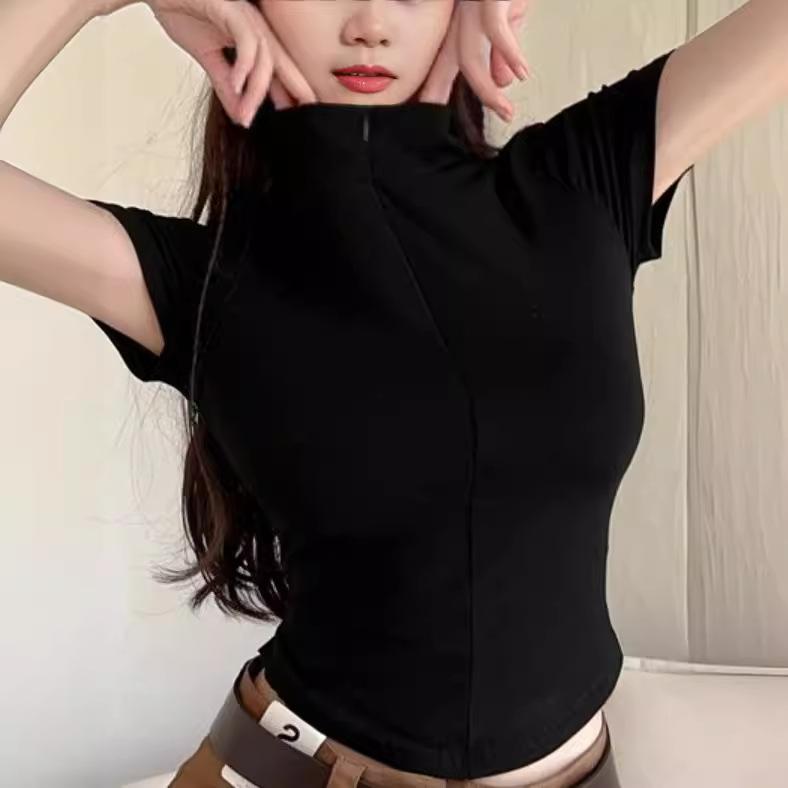 Zipper Lapel Slim and Thin Waist T-shirt Summer Fashion Versatile Chic Niche Ins Pure Desire Top Women