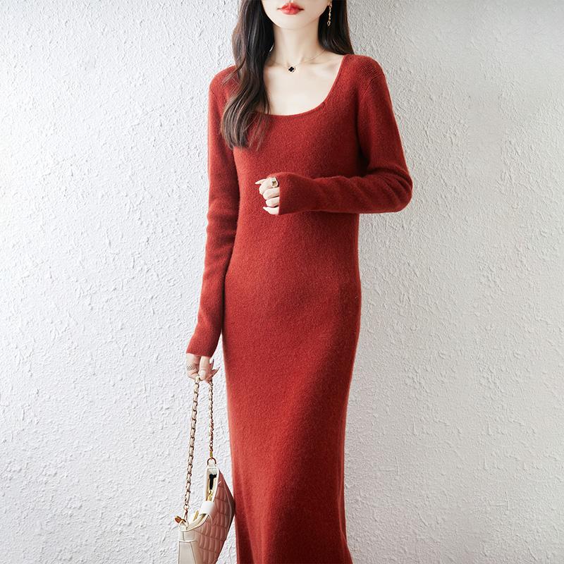 Women Sweater Dress 100% Wool MODERN NEW SAGA U-neck Knit Long Pullover Winter Jumpers Wool Long Dress Female
