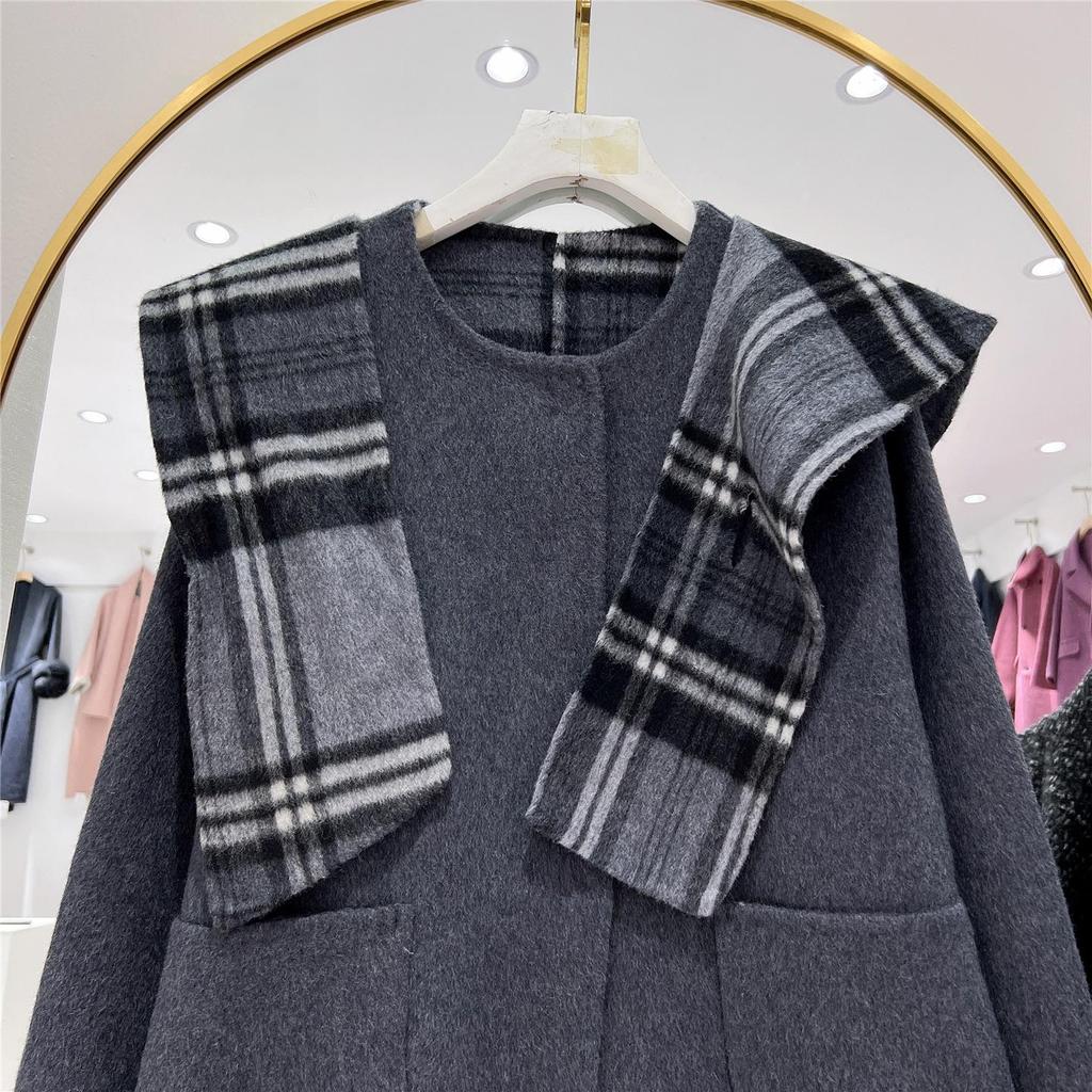 2025 Autumn/Winter Women's Korean Style Plaid Double-Sided Cashmere Shawl Collar Coat